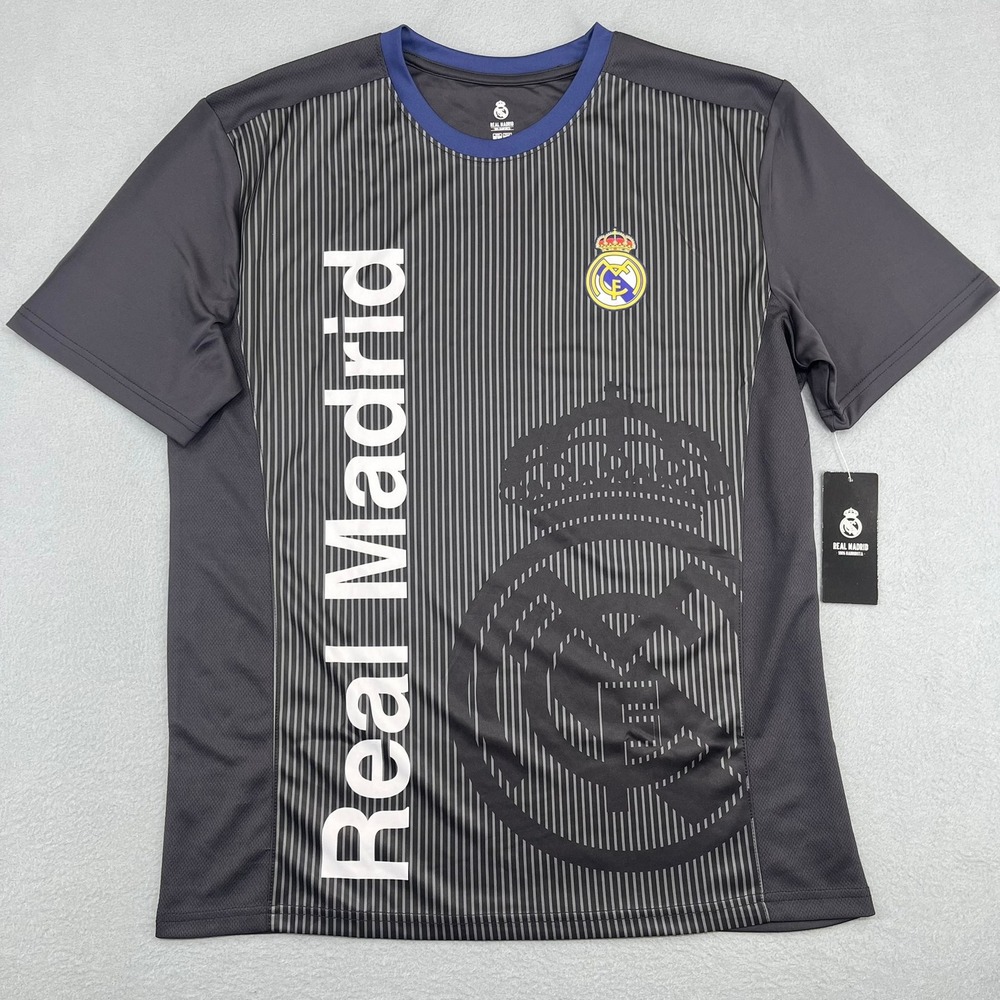 Real Madrid Mens Soccer Jersey Black Grey Striped Icon Sports Size Large NEW
